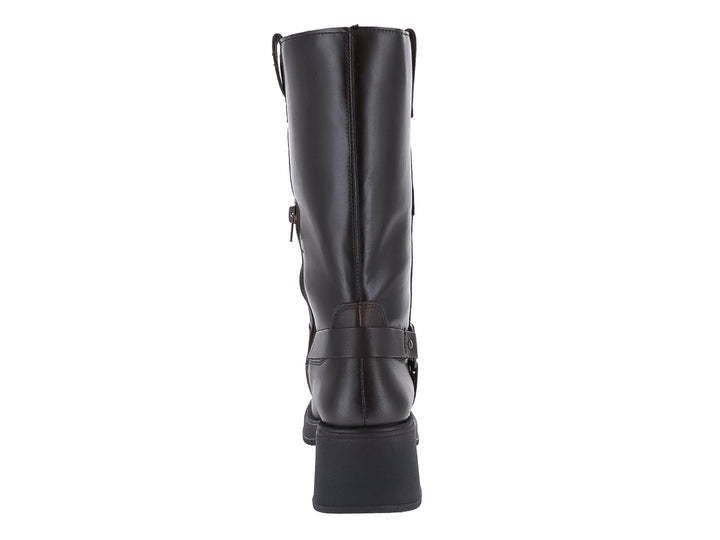 Bota alta de color café oscuro con suela de plataforma y detalle de hebilla lateral.