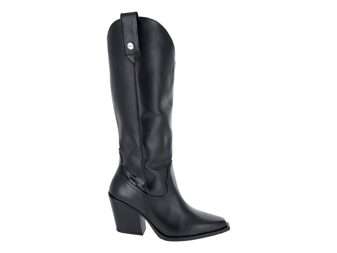 Bota alta de color negro con tacón cuadrado y punta fina, estilo vaquero.