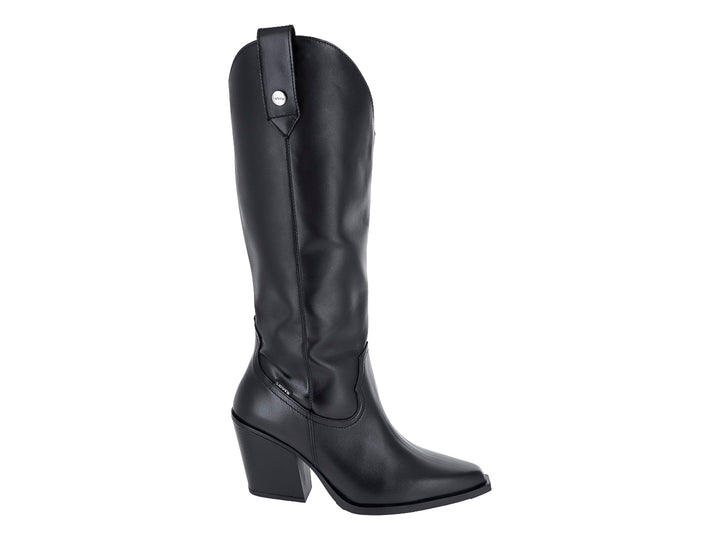 Bota alta de color negro con tacón cuadrado y punta fina, estilo vaquero.