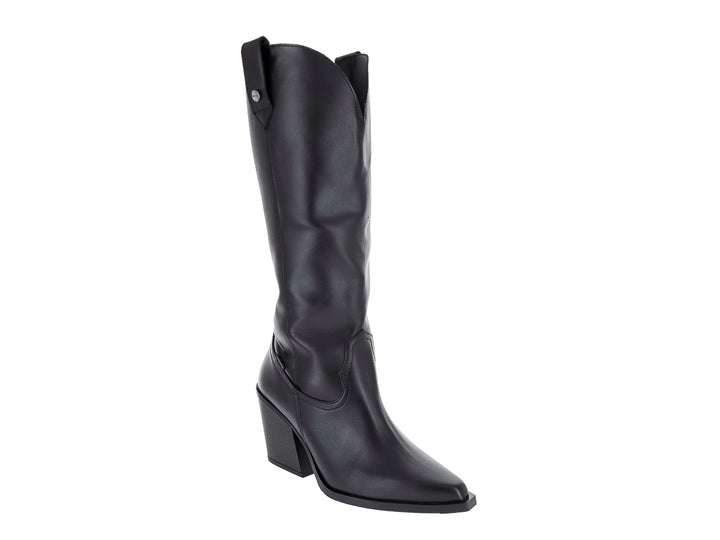 Bota alta de color negro con tacón cuadrado y punta fina, estilo vaquero.