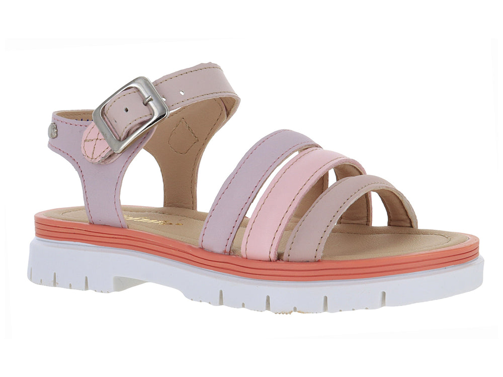 Sandalia rosa para niña con tiras frontales, hebilla ajustable y suela blanca dentada.