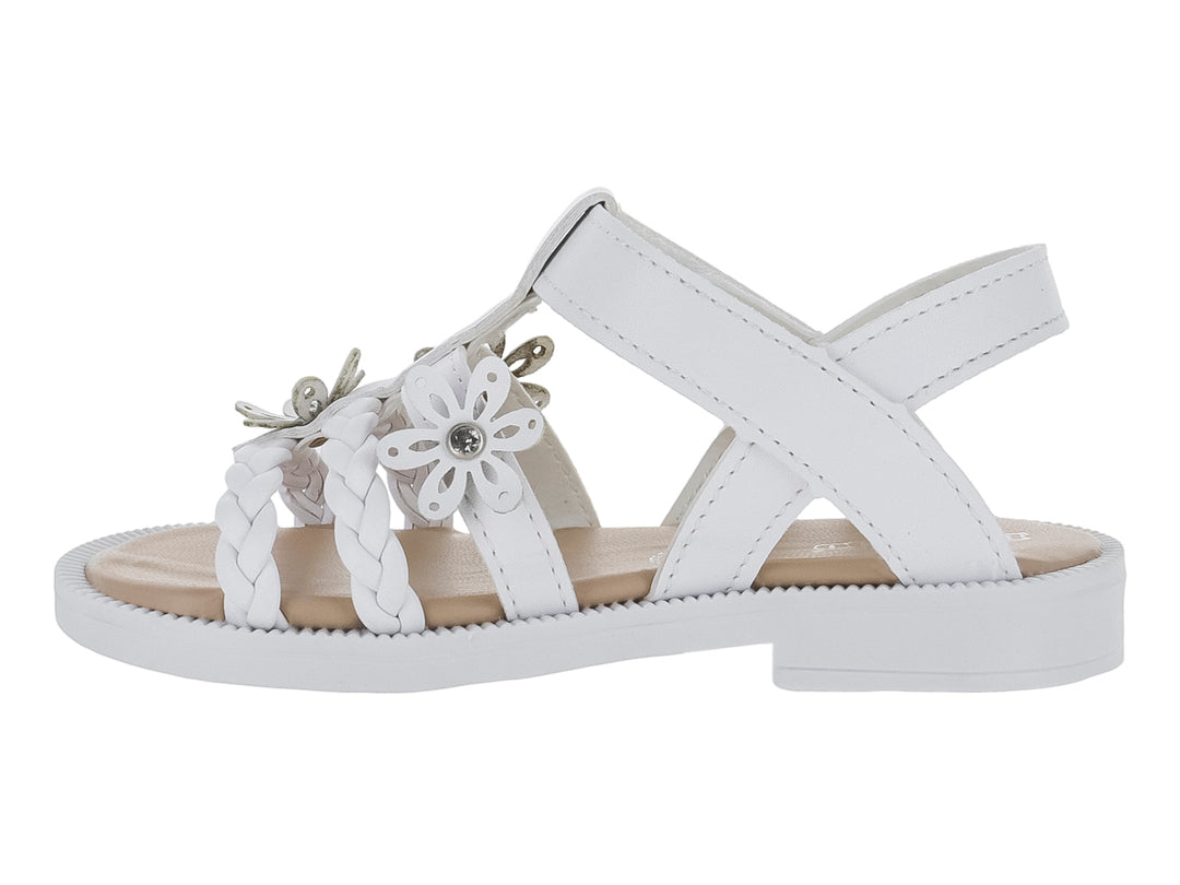 Sandalia blanca para Niña con adornos de flores y tiras trenzadas.