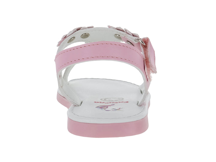 Sandalia rosa para niña con correa ajustable y detalles ornamentales en la parte superior.
