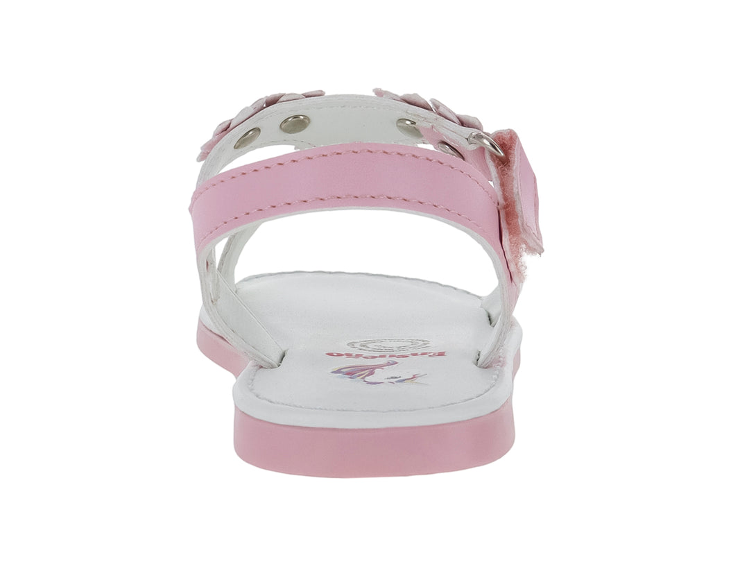 Sandalia para niña color rosa candy con detalles florales y suela blanca.