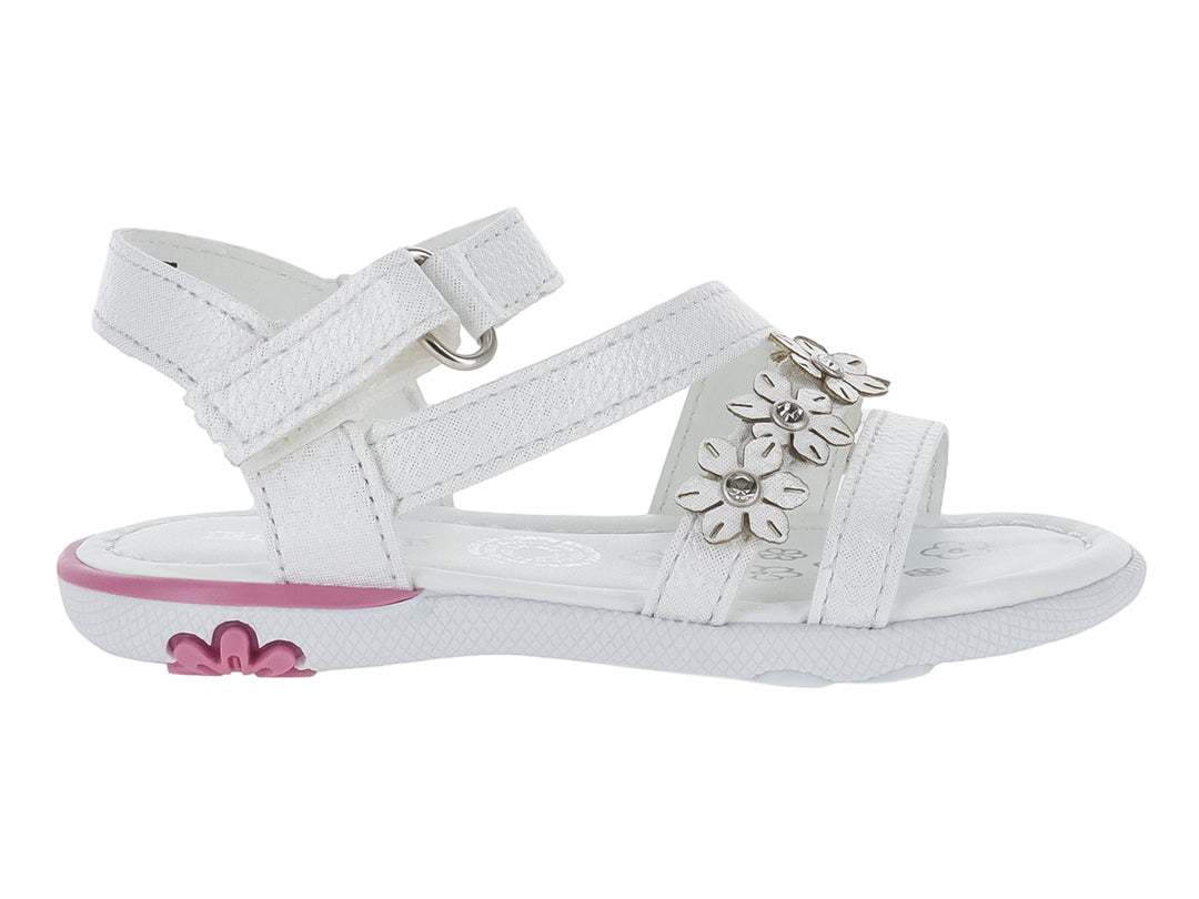 Sandalia blanca para Niña con adornos de flores brillantes y detalle rosa en la suela.