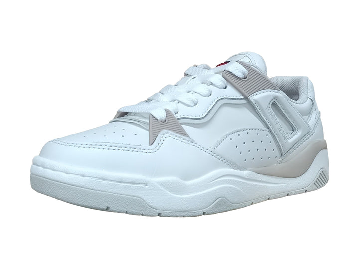 Tenis Tommy Hilfiger blancos con detalles en gris claro y suela robusta.
