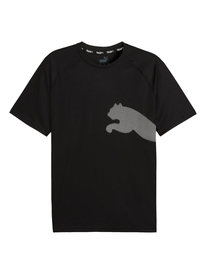 Camiseta deportiva PUMA de color negro con manga corta y logotipo grande del gato en color gris.