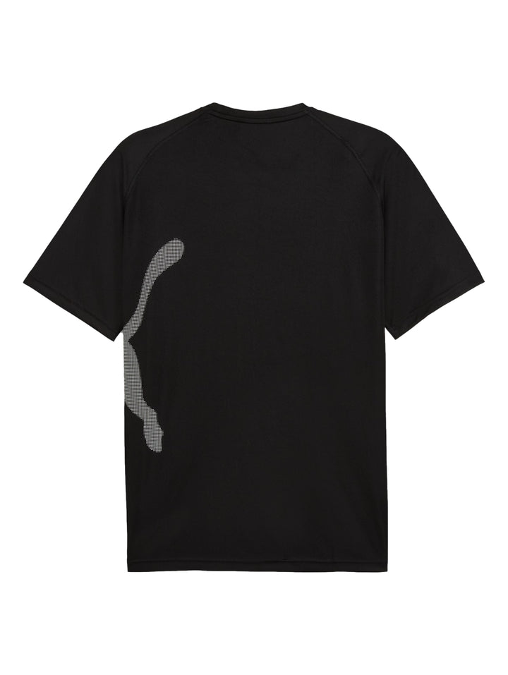 Camiseta deportiva PUMA de color negro con manga corta y logotipo grande del gato en color gris.