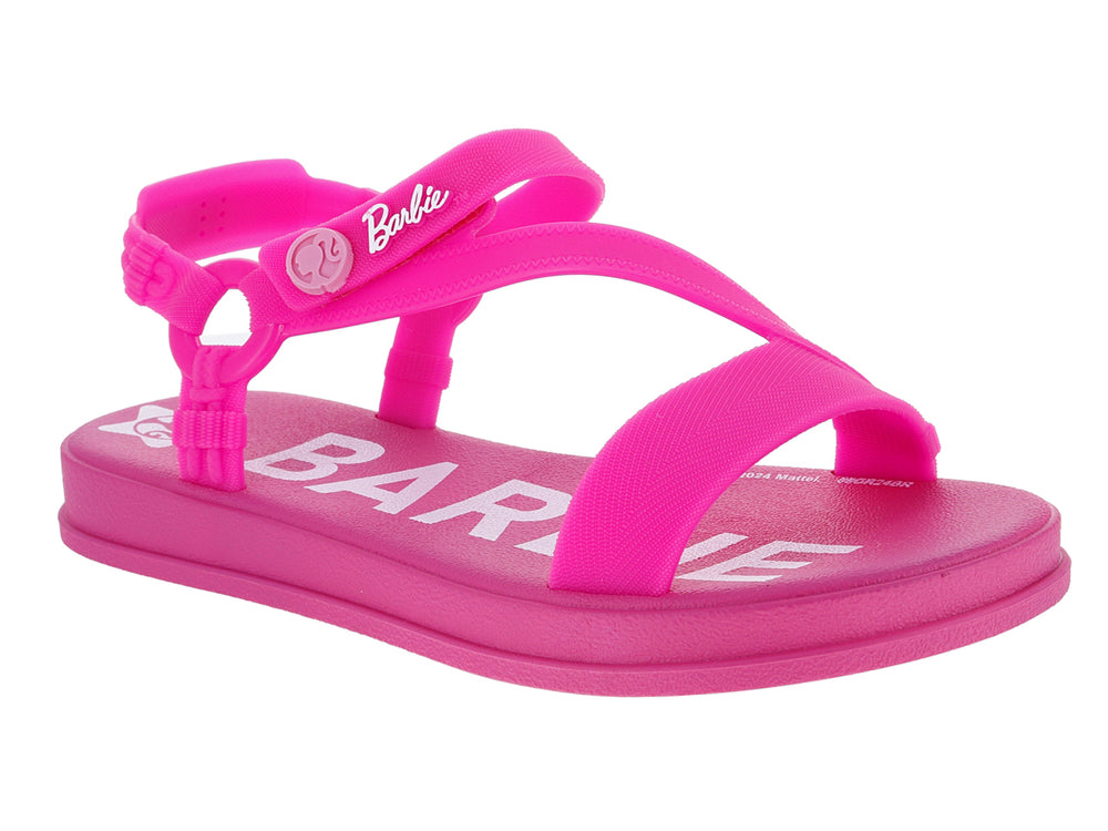Sandalias infantiles de color rosa intenso con correas ajustables y logotipo de Barbie en la suela y correa.