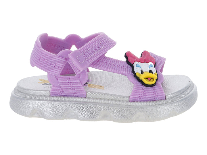 Sandalia para bebé color lila y plata con detalle del personaje Daisy Duck de Disney.