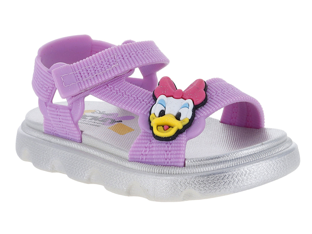 Sandalia para bebé color lila y plata con detalle del personaje Daisy Duck de Disney.
