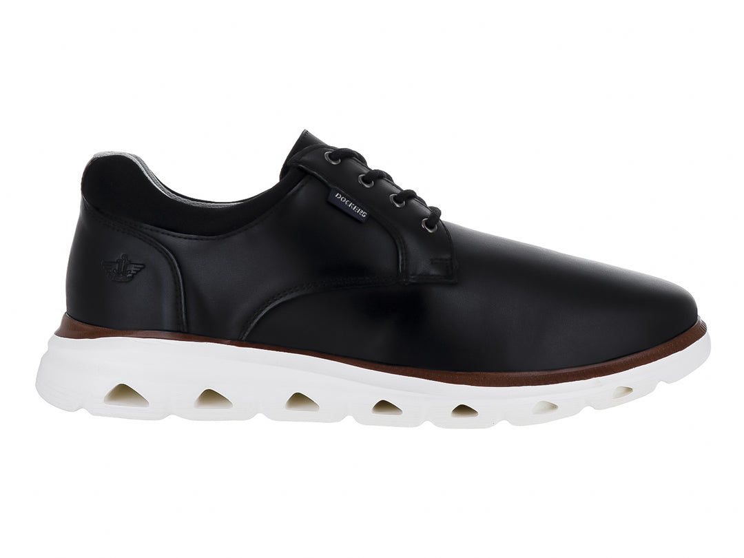 Zapato casual Dockers color negro con suela blanca y una línea decorativa en color café.