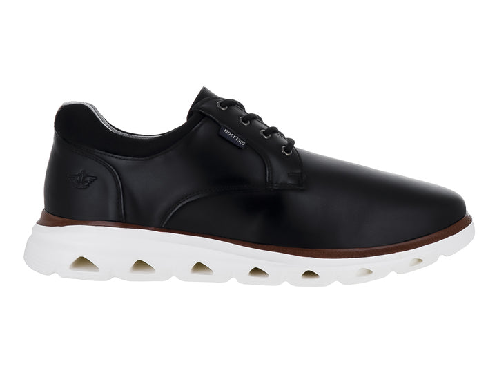 Zapato casual Dockers color negro con suela blanca y una línea decorativa en color café.