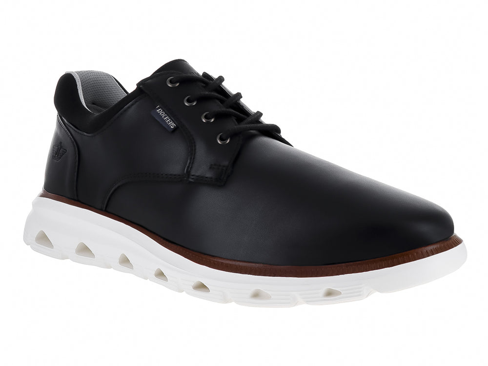 Zapato casual Dockers color negro con suela blanca y una línea decorativa en color café.