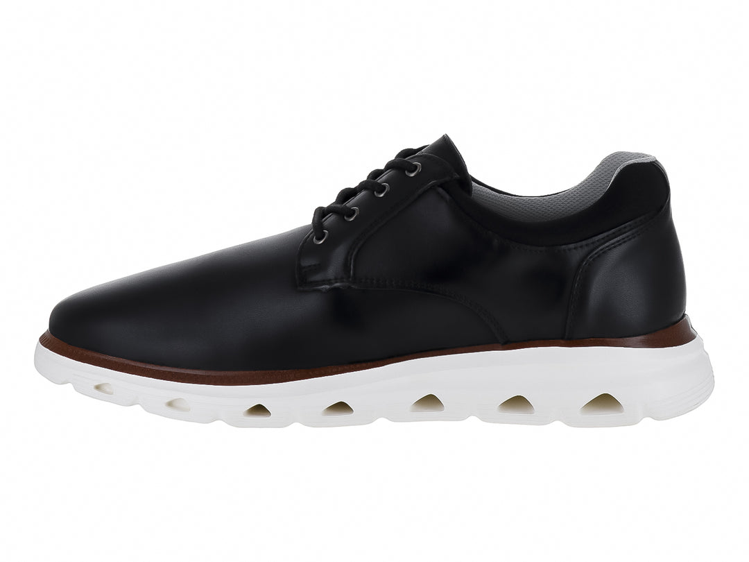 Zapato casual Dockers color negro con suela blanca y una línea decorativa en color café.