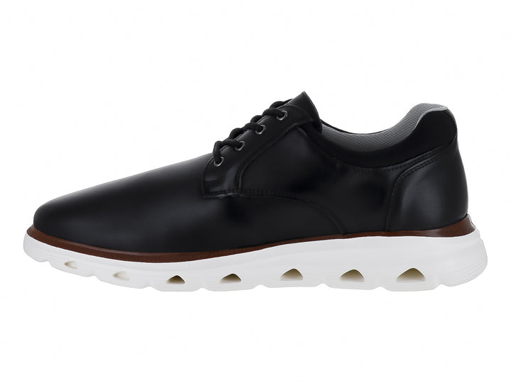 Zapato casual Dockers color negro con suela blanca y una línea decorativa en color café.