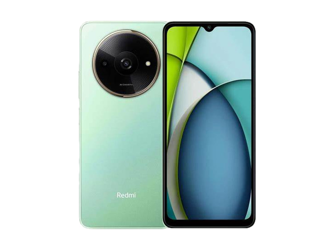 Teléfono inteligente Xiaomi Redmi A3X en color verde, vista frontal y trasera con módulo de cámara circular.