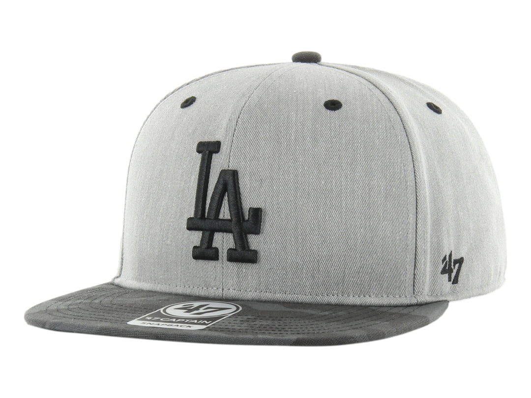 Gorra de béisbol 47 Brand color gris jaspeado con logo de los Dodgers en negro y visera con estampado de camuflaje.