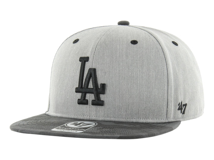 Gorra de béisbol 47 Brand color gris jaspeado con logo de los Dodgers en negro y visera con estampado de camuflaje.