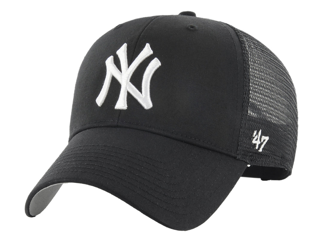 Gorra de béisbol negra con logo NY blanco bordado y panel trasero de malla.
