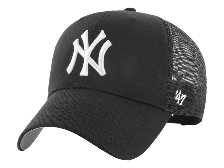 Gorra de béisbol negra con logo NY blanco bordado y panel trasero de malla.