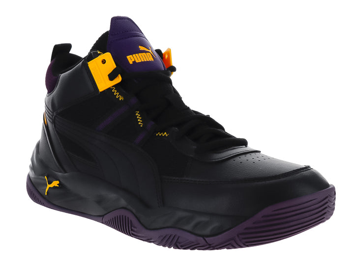 Tenis PUMA Rebound Future Nextgen color negro con suela morada y detalles en naranja.