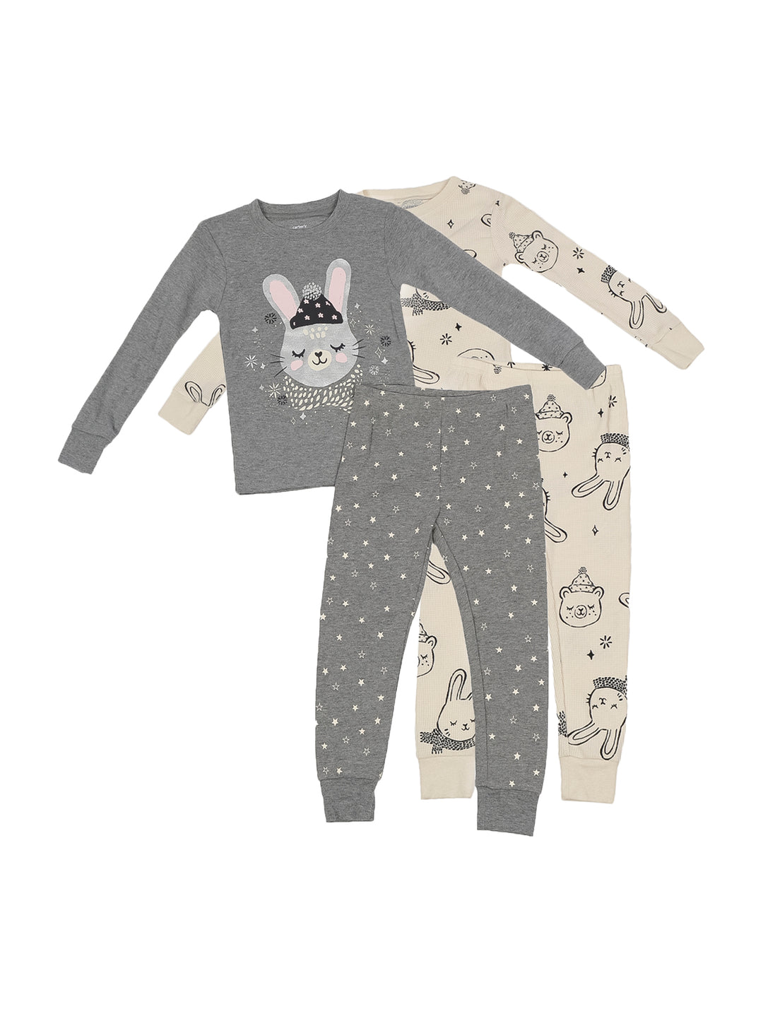 Pack de dos pijamas infantiles en colores gris e ivory con estampados de animales y estrellas.