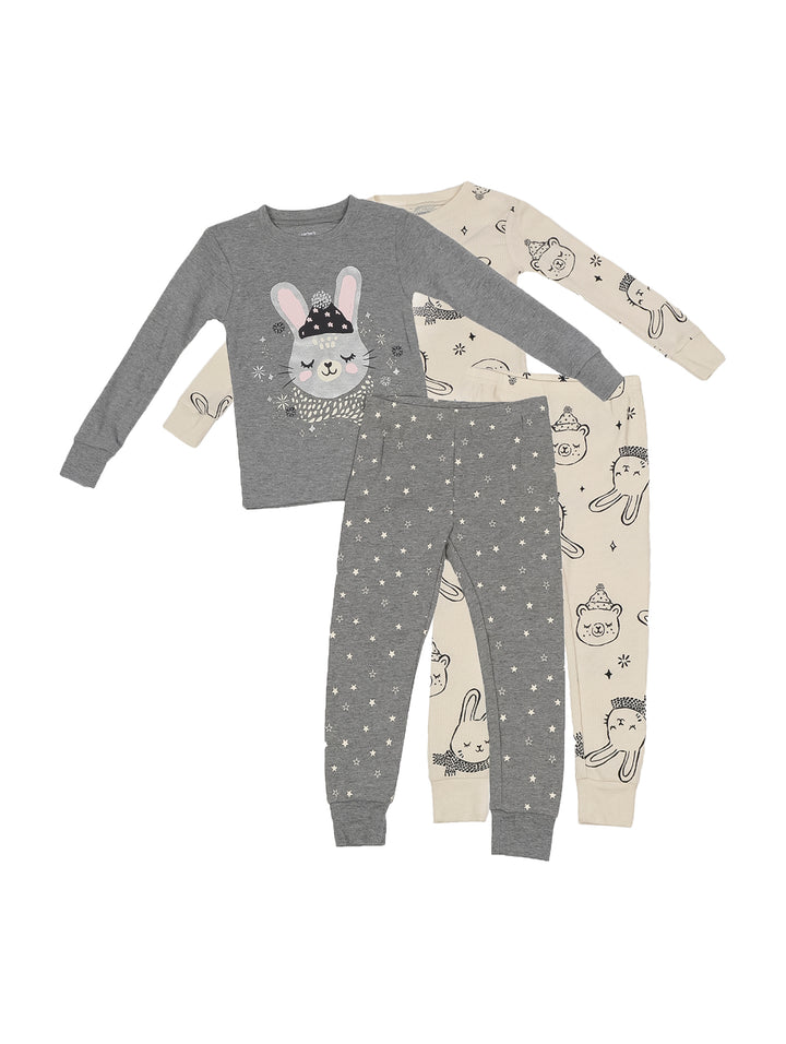 Pack de dos pijamas infantiles en colores gris e ivory con estampados de animales y estrellas.