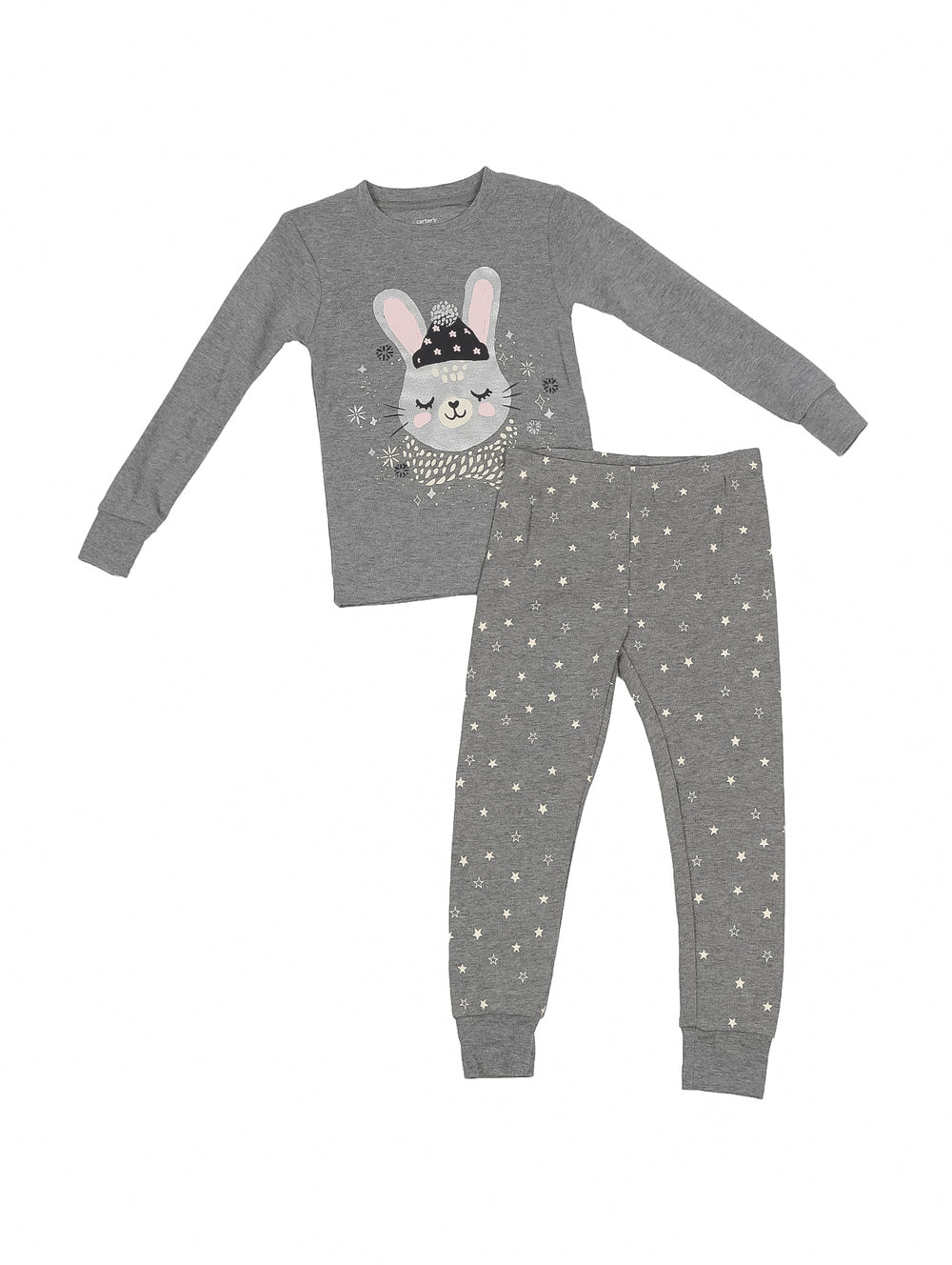 Pack de dos pijamas infantiles en colores gris e ivory con estampados de animales y estrellas.