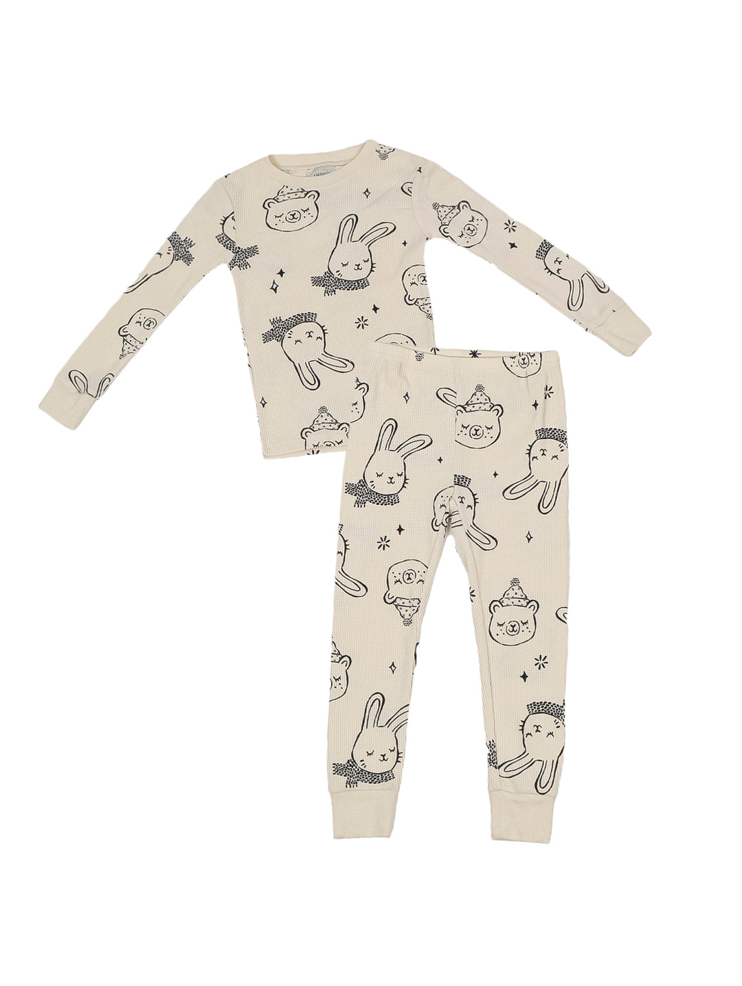 Pack de dos pijamas infantiles en colores gris e ivory con estampados de animales y estrellas.