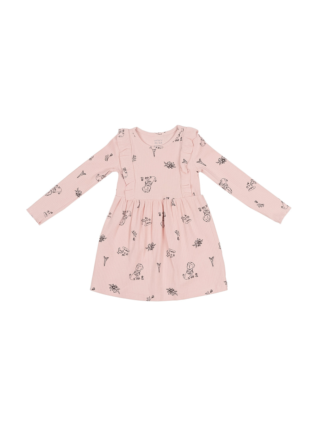 Vestido rosa de manga larga con pequeños estampados negros para niña.