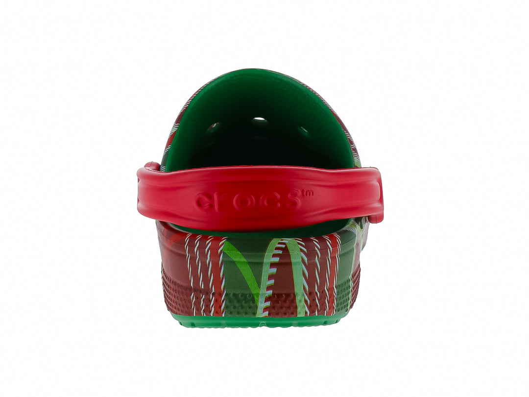 Zuecos Crocs con diseño de cuadros en rojo y verde y correa trasera ajustable.
