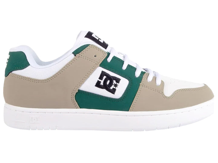Tenis DC Shoes modelo Adys en colores verde bosque y beige con suela y cordones blancos.