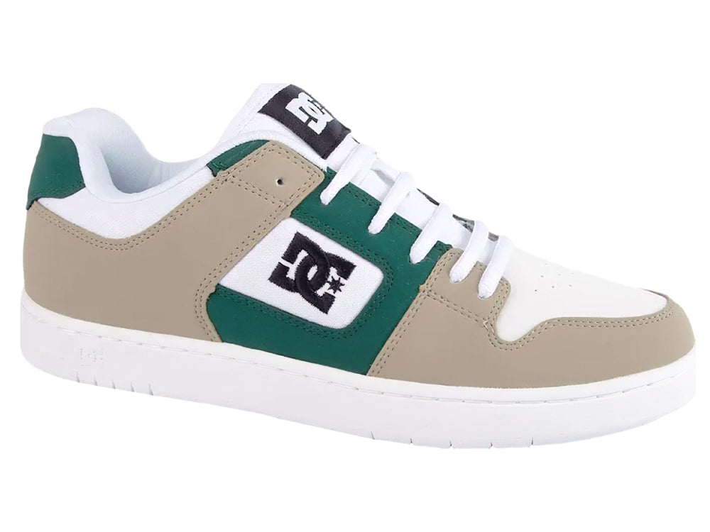 Tenis DC Shoes modelo Adys en colores verde bosque y beige con suela y cordones blancos.