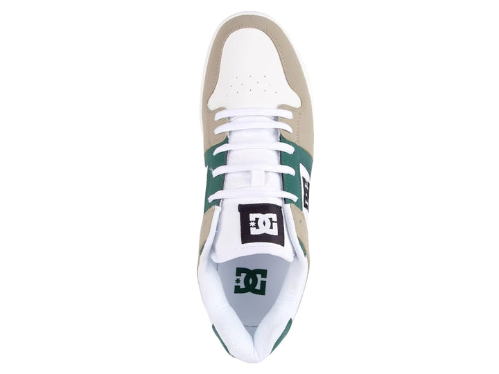 Tenis DC Shoes modelo Adys en colores verde bosque y beige con suela y cordones blancos.