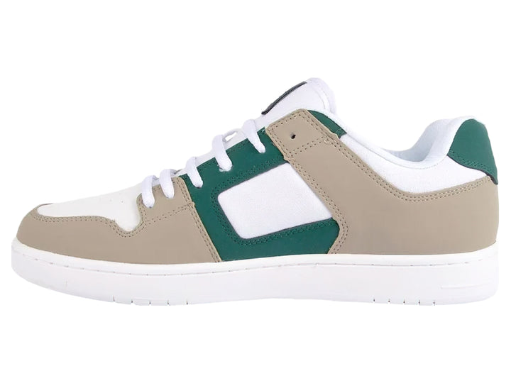 Tenis DC Shoes modelo Adys en colores verde bosque y beige con suela y cordones blancos.