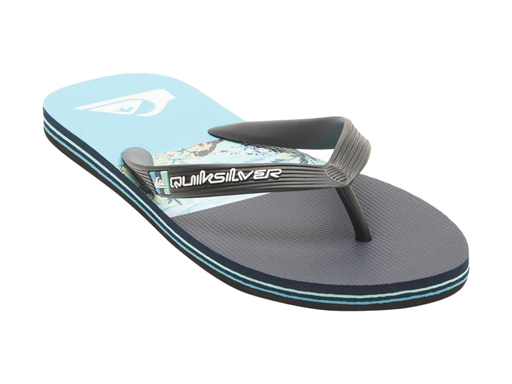 Sandalias Quiksilver color azul con correa negra, diseño casual para playa.