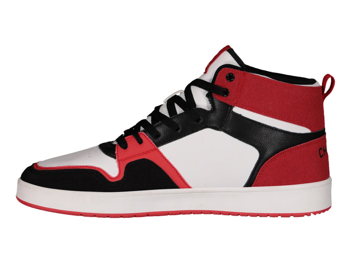 Tenis deportivos de bota alta en colores blanco, negro y rojo con suela blanca.