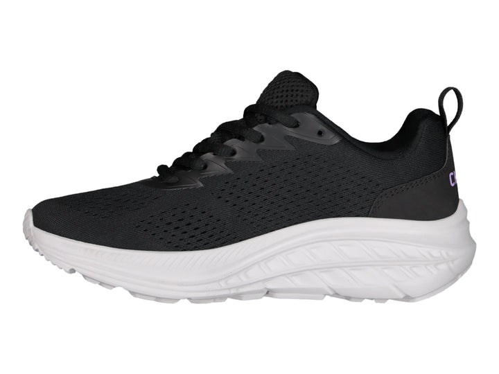 Tenis deportivos Charly color negro con suela blanca y logo morado.