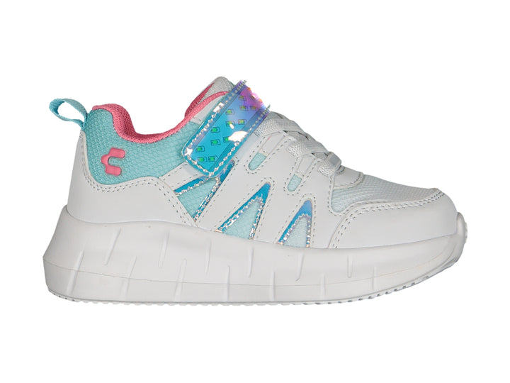 Tenis deportivos blancos para Niña con detalles en turquesa y fiushia y correa brillante.