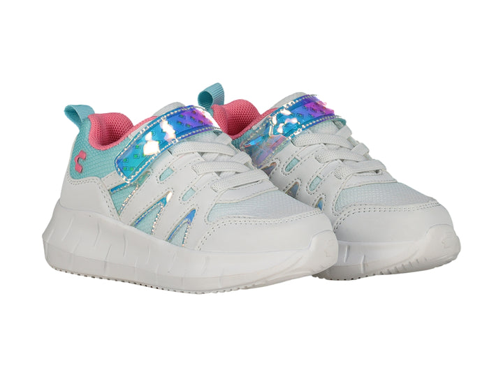 Tenis deportivos blancos para Niña con detalles en turquesa y fiushia y correa brillante.