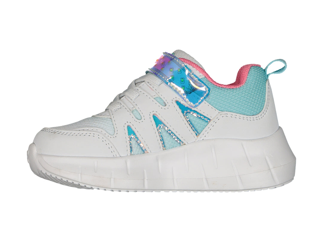 Tenis deportivos blancos para Niña con detalles en turquesa y fiushia y correa brillante.