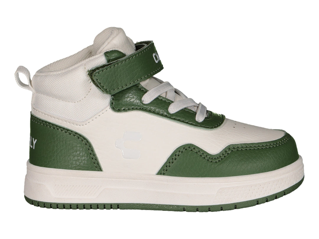 Tenis deportivos de bota para niño en colores blanco y verde con cierre de velcro.