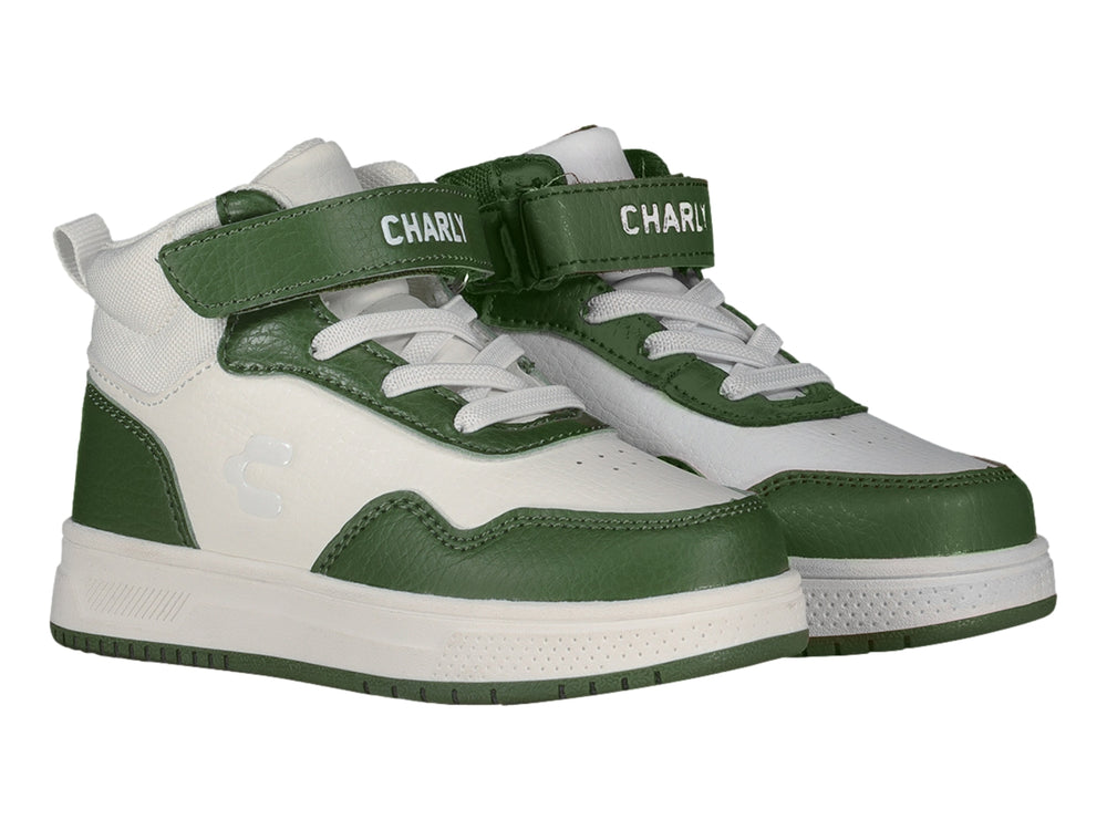 Tenis deportivos de bota para niño en colores blanco y verde con cierre de velcro.