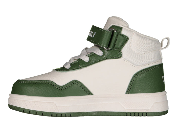 Tenis deportivos de bota para niño en colores blanco y verde con cierre de velcro.