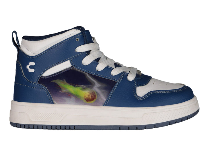 Tenis deportivos de bota color azul marino y blanco con un gráfico de cometa en el lateral.