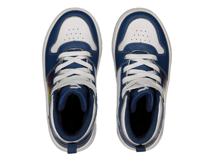 Tenis deportivos de bota color azul marino y blanco con un gráfico de cometa en el lateral.