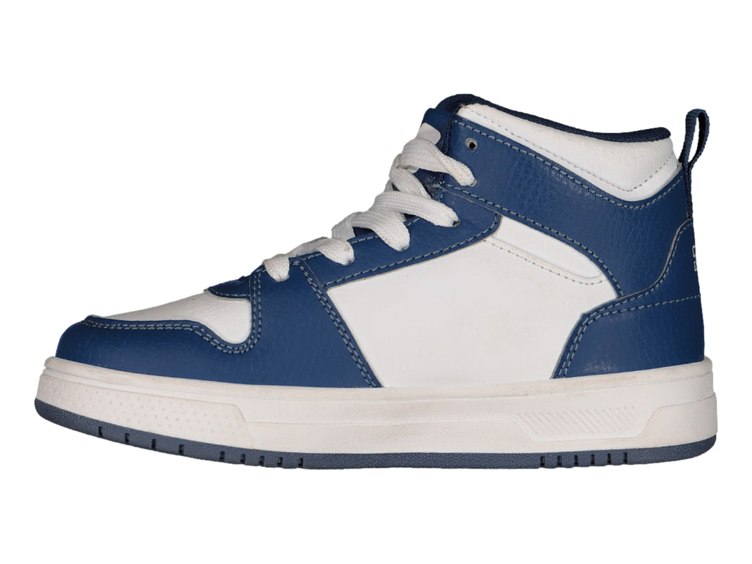 Tenis deportivos de bota color azul marino y blanco con un gráfico de cometa en el lateral.