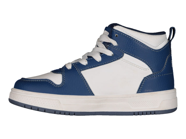 Tenis deportivos de bota color azul marino y blanco con un gráfico de cometa en el lateral.
