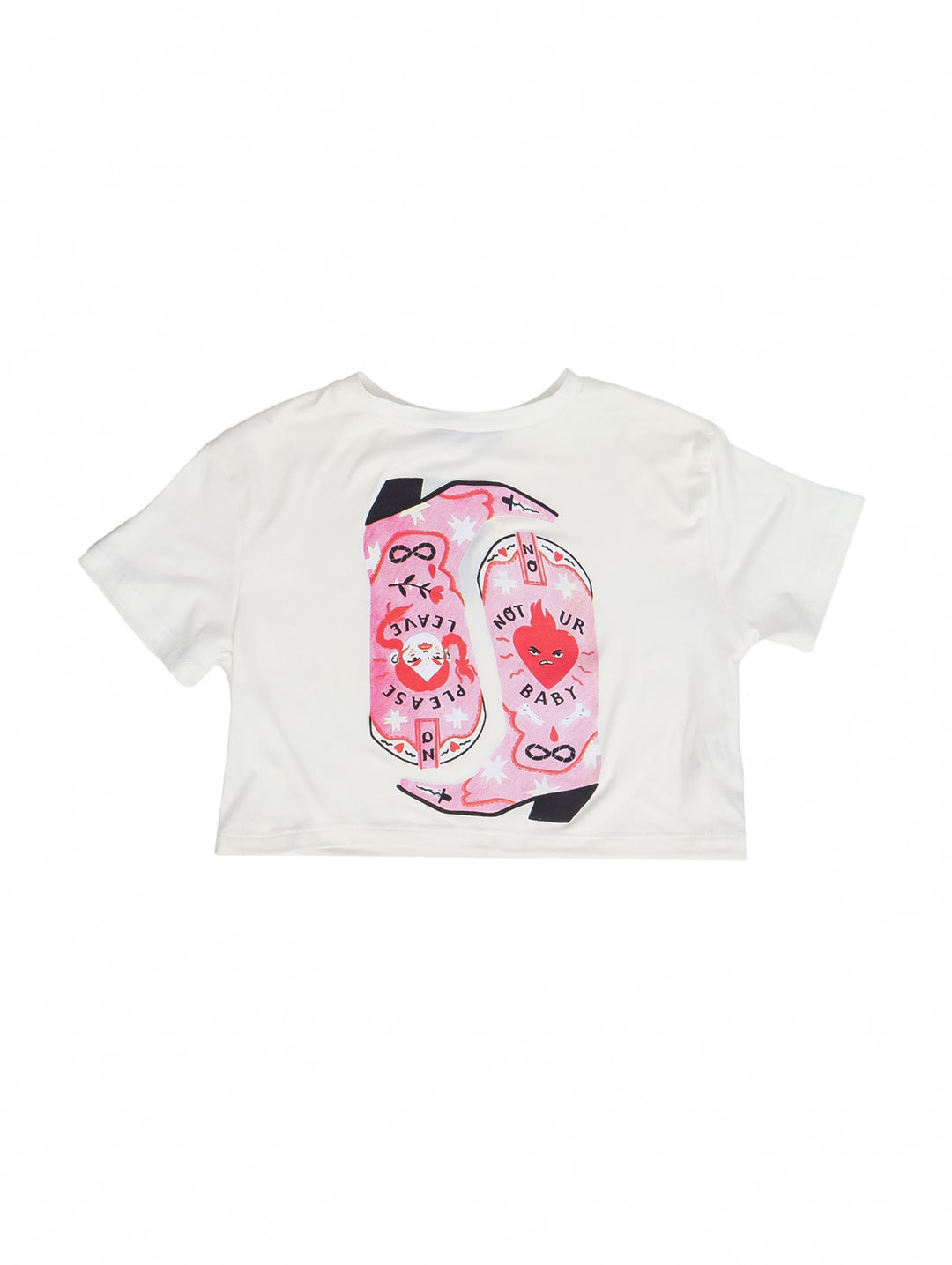 Blusa blanca para niña con estampado gráfico central en tonos rosa y negro.